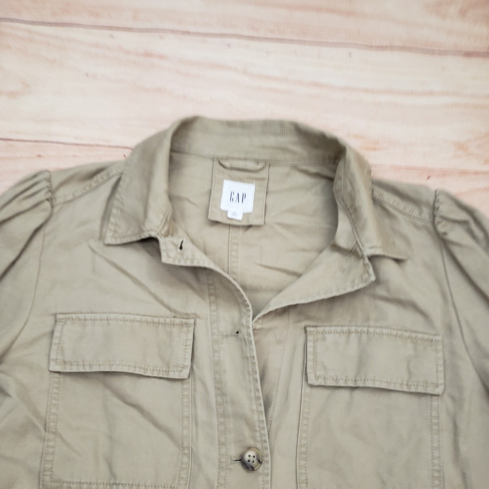 GAP Jacket Women XL Khaki Tan Cotton Linen Blend Utility Field Button Ladies - Picture 3 of 9